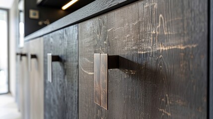 Detailed view of a designer pantry cabinet, emphasizing texture and modern aesthetics in cabinetry