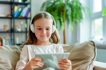 Young Girl With Headphones Engaged in Digital Learning at Home