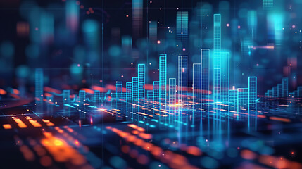 Obraz premium Perspective view of stock market growth, business investing and data concept with digital financial chart graphs, diagrams and indicators on dark blue blurry background
