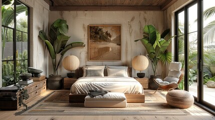 A luxurious, modern, organic nature-inspired bedroom with textures, earth tones and blacks....