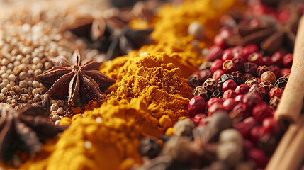 Background with spices  turmeric, star anise, barberry, allspice, cloves, paprika, hyperrealistic food photography - obrazy, fototapety, plakaty