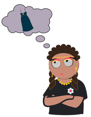 A girl is thinking about a dress