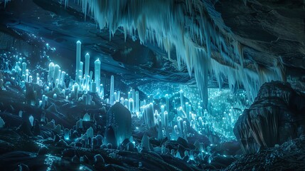 A breathtaking, silent underground city illuminated by bioluminescent plants and crystals, showcasing a magnificent hidden world