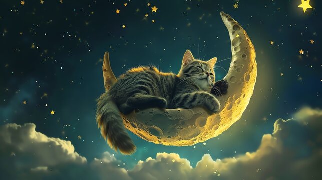 A cat on a surreal journey to a moon made of dreams, flying through a starless, noiseless expanse, perfect for a mystical and peaceful space fantasy