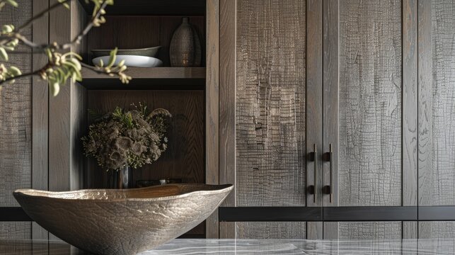 Detailed view of a designer pantry cabinet, emphasizing texture and modern aesthetics in cabinetry