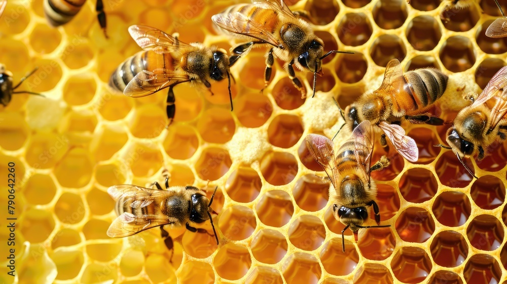 Poster worker bees apis mellifera constructing a wax honeycomb on a beehive frame with many cells left inco