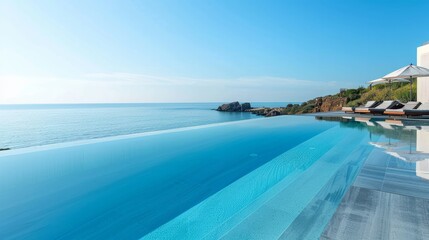 Infinity swimming pool by beach at the modern luxury hotel, Pieria, Greece 