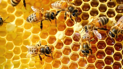Worker bees Apis mellifera constructing a wax honeycomb on a beehive frame with many cells left incomplete and exposed shining with nectar