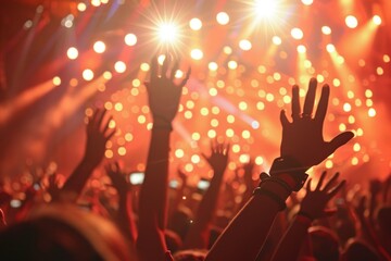 crowd at concert, silhouettes of happy people raising up hands, crowd of people at concert with...