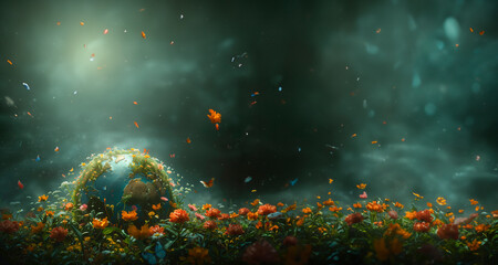Fototapeta premium A globe encased in flourishing greenery and colorful flowers, with butterflies fluttering around, symbolizing nature's resilience
