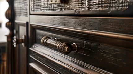 A detailed view of bespoke cabinet hardware, set against the backdrop of rich, aged wood