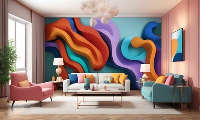 wallpaper representing an apartment interior, with a pleasant living room. Worthy of an interior designer - obrazy, fototapety, plakaty