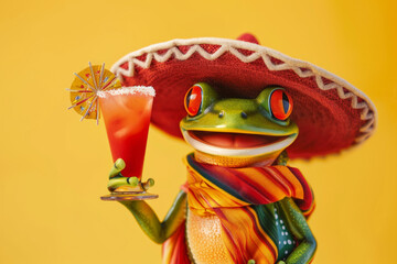 a happy frog dressed in mexican sombrero hat holding a cocktail. Cinco de mayo celebration