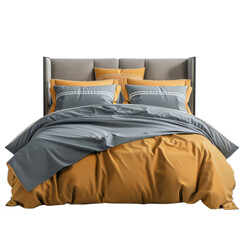 A bed with yellow and gray bedding