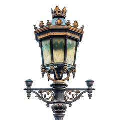 Fototapeta na wymiar A black metal lamppost with a frosted glass shade decorated with a crown and ornate flourishes.
