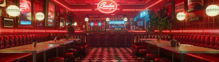 1950s rockabilly diner, jukebox jams and danceoffs, burgers and fries, the place to be 