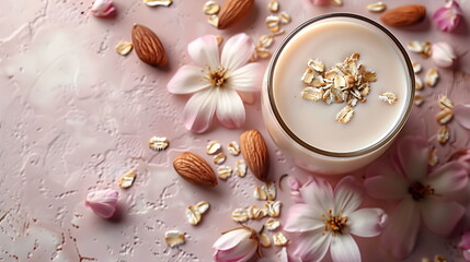 Fototapeta premium A glass of delicious almond milk on the table next to raw almonds and almond flowers. Natural organic products. Vegan and lactose-free drinks