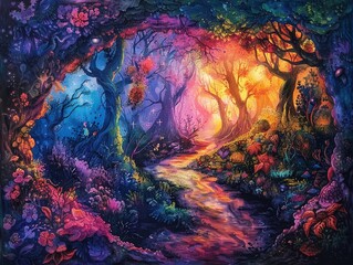 Fototapeta premium Enchanted forest with mystical creatures, a hidden path leading to unknown adventures