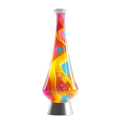 A lava lamp with pink, blue, and yellow blobs.