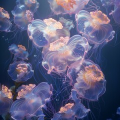 Obraz premium Jellyfish ballet in an undersea retro fantasy, glowing dance, magical encounter