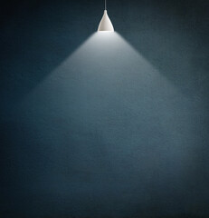 Empty room, illustration and light bulb on wall background with announcement mockup, news or info...