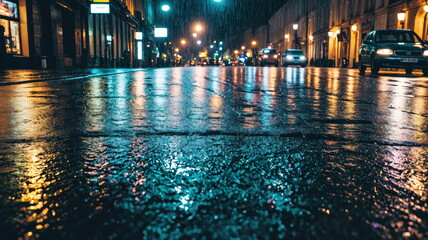 night city during the rain, view from the road surface level