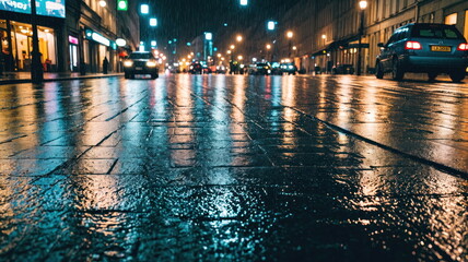 night city during the rain, view from the road surface level