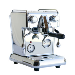 A shiny silver espresso machine with black handle and knobs.