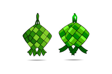 Festive dish, ketupat in organic green packaging. Eco concept of Islamic cuisine. Set of realistic models. Traditional rice dish. Isolated templates 