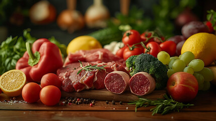 balanced diet, cooking, culinary and food concept - close up of vegetables, fruits and meat on wooden table, hyperrealistic food photography