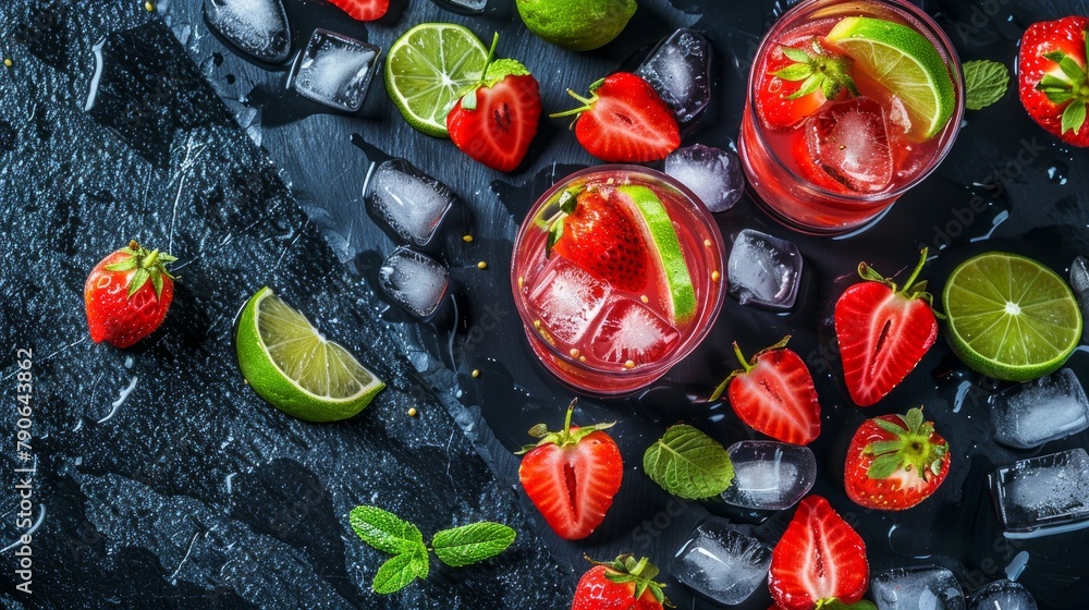 Wall mural Summer strawberry and lime cocktails , drink with fresh fruits on black stone.  - Wall murals