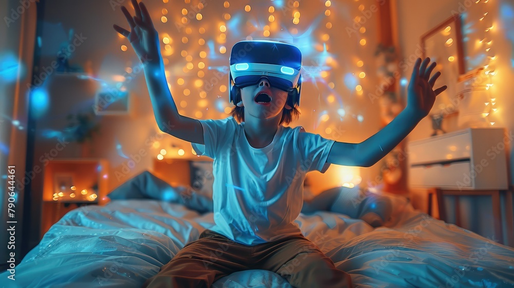 Fototapete a boy wearing virtual reality glasses jumps on the bed, surrounded by digital elements and holograph