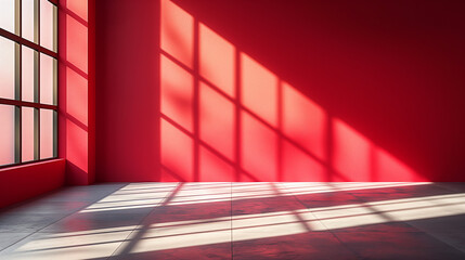 Abstract red studio background for product presentation. Backdrop with shadows of window for display product.
