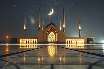 A modern mosque with sleek lines and geometric patterns, set against a backdrop of a full moon and twinkling stars