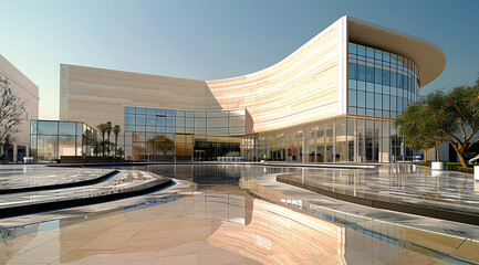 Shopping mall, contemporary architecture, beige stone and glass facade, facing beige stone plaza...
