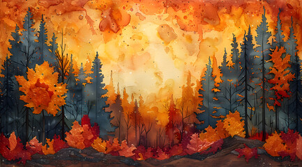 Leafy Layers: Three-Dimensional Encaustic Autumn Forest in Watercolor