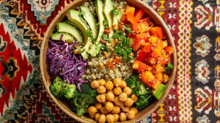 A top view of a vibrant vegan Buddha bowl on a bright ceramic plate on a patterned tablecloth.