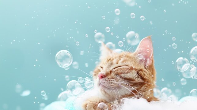 Cat taking a bath with soap bubbles. Copy space