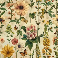 Vintage Botanical Tapestry: Delicate Florals and Intricate Insects