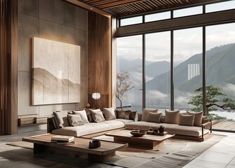 Japanese-Style Living Room with Floor-to-Ceiling Windows Overlooking Mountains and Clouds: Minimalist Interior Design, Wooden Decorative Elements, Cozy Atmosphere, 3D Rendering. 