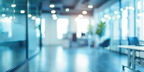 Obraz premium Blurred modern business space with plants, corporate office, company background in light blue