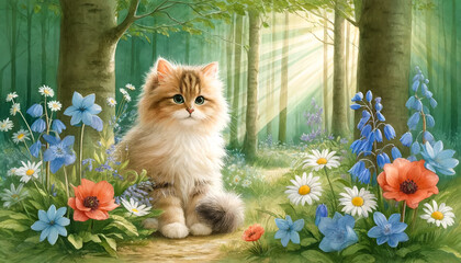 Fluffy, long-haired cat sitting amid colorful spring flowers in a sunlit forest, ideal for pet lovers and National Pet Day themes