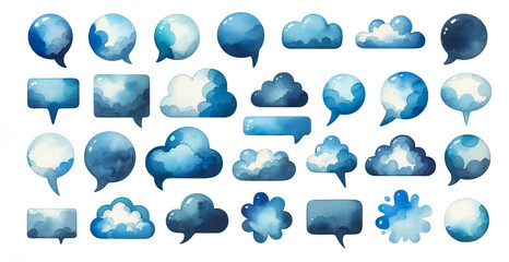 Fototapeta premium Collection of watercolor speech bubbles with blue cloud patterns, ideal for communication concepts, weather discussions, and digital design elements