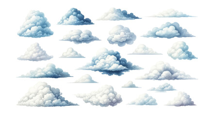 Assorted fluffy cumulus clouds set against a clear sky, ideal for weather forecasting graphics, air travel themes, and daydreaming concepts