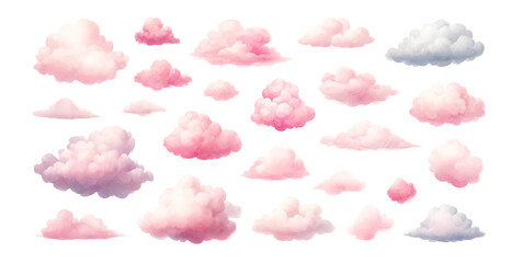 Assorted pink and white fluffy clouds set isolated on a white background, ideal for baby shower decor or dreamy design elements