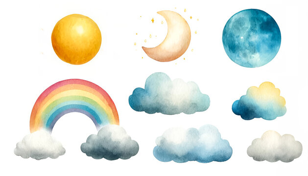 Watercolor celestial collection with sun, moon phases, rainbow and clouds, suitable for nursery decor, educational materials, and weather-related content