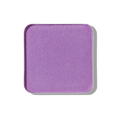 Top view glitter eye shadow lavender color swatch isolated with translucent hard shadow, in metal square package. Close up macro purple eyeshadow for makeup, cosmetics texture, cutout object of design