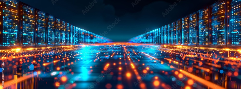 Poster an abstract digital background with holographic server cabinets in a data center.