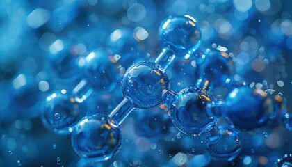 a close up of a molecule in a blue liquid