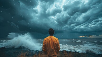 Obraz premium Rear view. Person facing a storm with determination, symbolizing resilience. Generative AI.